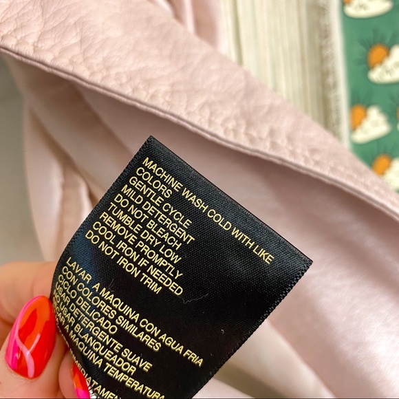 Jessica Simpson Faux Leather Satin Embroidered Sleeve Light Pink Floral Jacket L - Picture 6 of 11